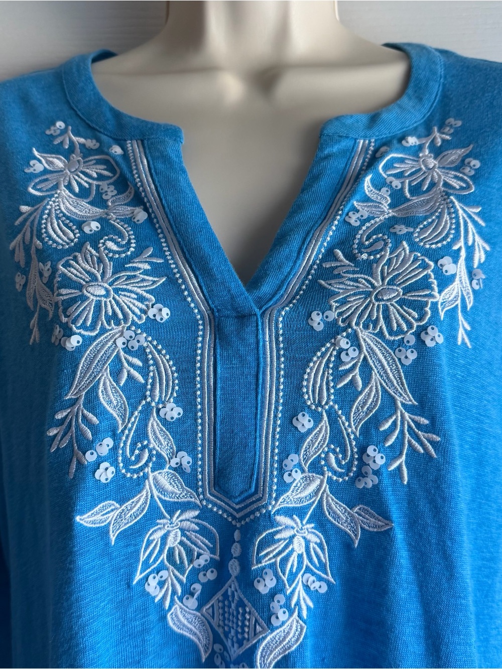 Chico’s Tee Blue M Linen Floral Embroidered 3/4 Sleeve Tunic - Picture 3 of 7
